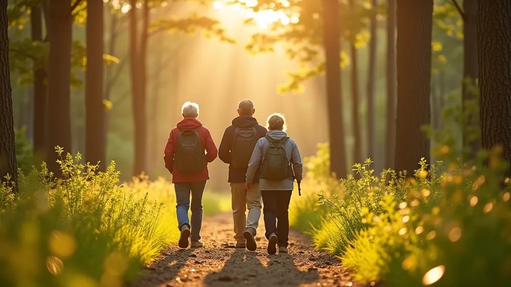 Seniori pārgājienā meža vidū