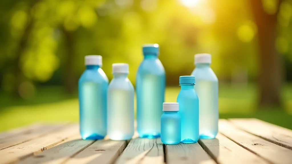 Plastmasas ūdens pudeles un sporta dzēriena iespiedgals dārza galdā saulainā dienā